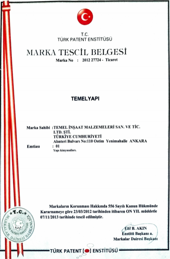 Temel Yapi Marka Tescil Belgesi